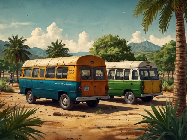 Auf dem Bild sind zwei alte, bunte Busse in einer sonnigen, tropischen Landschaft zu sehen, umgeben von Palmen und Bergen.Um die Erhaltung solcher Landschaften zu fördern, könnten nachhaltige Maßnahmen wie die Förderung von umweltfreundlichem Tourismus, die Verwendung von elektrischen oder hybriden Fahrzeugen sowie die Aufforstung und der Schutz von natürlichen Lebensräumen ergriffen werden. Zudem ist es wichtig, dass die lokale Bevölkerung in den Erhalt und Schutz ihrer Umgebung einbezogen wird, um ein Bewusstsein für die Bedeutung der Natur zu schaffen.