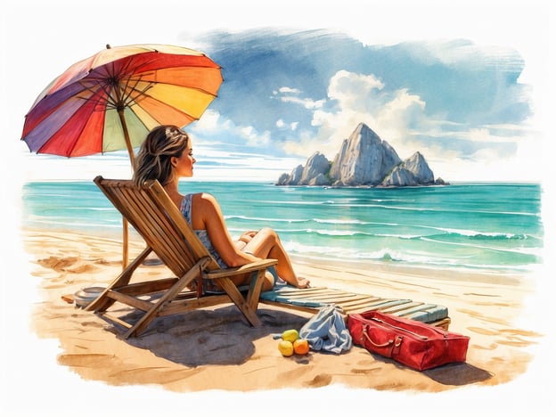 Auf dem Bild sieht man eine Frau, die entspannt unter einem bunten Sonnenschirm am Strand sitzt. Sie genießt die Aussicht auf das glitzernde Wasser und die malerischen Felsen im Hintergrund. Solche Strände bieten oft fantastische Erlebnisse wie Schwimmen, Schnorcheln oder einfach das Genießen sonniger Tage beim Sonnenbaden.Die Atmosphäre lädt dazu ein, den Stress des Alltags hinter sich zu lassen. Einige Attraktionen könnten Strandbars oder -restaurants sein, wo man leckere Snacks und erfrischende Getränke genießen kann. Außerdem sind Strandspaziergänge oder Wassersportarten oft sehr beliebt in solchen malerischen Küstengebieten.