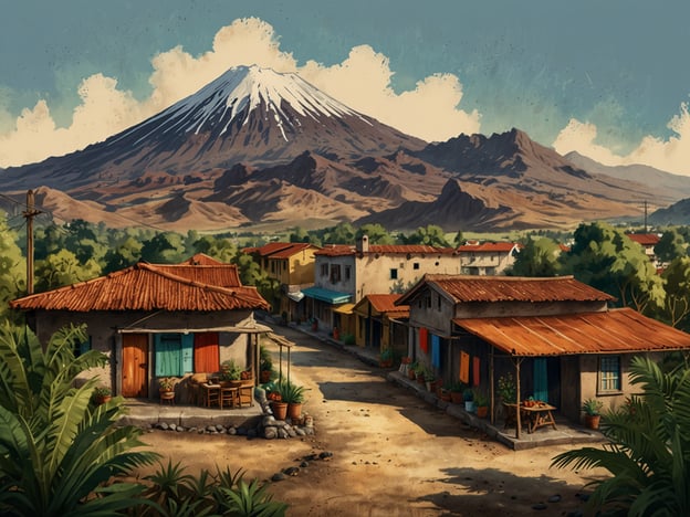 Auf dem Bild sind charmante, kleine Häuser in einer ländlichen Umgebung zu sehen, die von üppiger Vegetation umgeben sind. Im Hintergrund erheben sich beeindruckende, schneebedeckte Berge, die an den Volcán de Agua in Guatemala erinnern, welcher in der Nähe von Antigua gelegen ist.Antigua bietet viele faszinierende Erlebnisse, darunter den Besuch der kolonialen Architektur der Stadt, die erkunden von bunten Märkten und die Teilnahme an traditionellem Handwerk. Wanderungen in die umliegenden Vulkane bieten atemberaubende Ausblicke und ein Gefühl von Abenteuer. Die Mischung aus Kultur, Geschichte und natürlicher Schönheit macht Antigua zu einem einzigartigen Ziel.