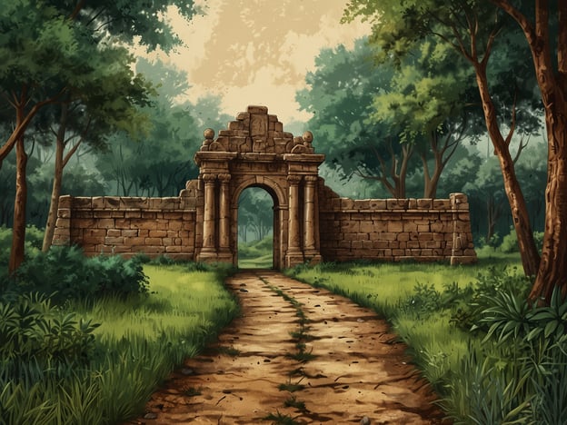 Auf dem Bild ist ein alter, verwitterter Torbogen zu sehen, der von üppigem Grün umgeben ist. Die Natur hat die historische Struktur teilweise zurückerobert, was eine interessante Verbindung zwischen Geschichte und der Umwelt schafft.In dieser Umgebung könnte man einen entspannenden Spaziergang auf dem schmalen Pfad unternehmen, während man die Ruhe des Waldes genießt. Es wäre auch möglich, die Pflanzenvielfalt zu erkunden oder Vögel zu beobachten, die in den Bäumen nisten. Historische Erkundungen könnten den Besuch von ähnlichen Ruinen oder das Studium der Vergangenheit in der Natur umfassen.