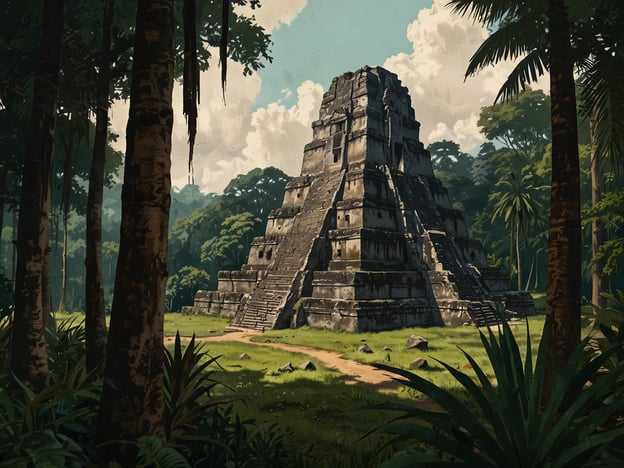 Auf dem Bild ist eine beeindruckende Pyramide zu sehen, die von einer üppigen, tropischen Vegetation umgeben ist. Diese Architektur erinnert stark an die berühmten Tempelpyramiden von Tikal, einer der wichtigsten antiken Städte der Maya-Zivilisation. Tikal befindet sich im heutigen Guatemala und war ein bedeutendes Zentrum für Kultur und Handel in der klassischen Maya-Zeit.Die Pyramiden in Tikal sind nicht nur architektonische Meisterwerke, sondern auch Symbole für die religiöse und gesellschaftliche Organisation der Maya. Sie dienten als Tempel für Rituale und als Grabstätten für die Herrscher. Die majestätische Natur dieser Strukturen und ihre Integration in die Landschaft zeugen von der Fähigkeit der Maya, harmonisch mit ihrer Umgebung umzugehen. Die Stadt Tikal zieht heute viele Besucher an, die sich von ihrer Geschichte und ihrer beeindruckenden Baukunst faszinieren lassen.