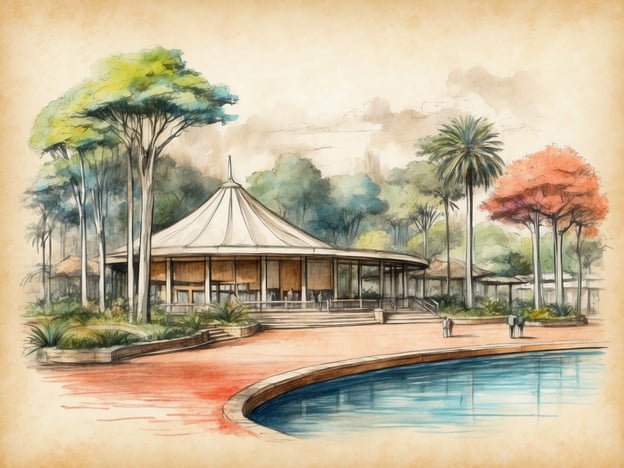 Auf dem Bild ist ein architektonisches Gebäude in einem zoologischen Garten zu sehen. Es hat ein markantes, runder Dach, umgeben von Bäumen und Vegetation, die an die Gestaltung eines Zoos erinnern. Der Bereich um das Gebäude wirkt ansprechend und einladend, mit einer Wasserfläche im Vordergrund und Wegführungen, auf denen Besucher spazieren gehen können.Zoologische Gärten haben eine lange Geschichte, die bis ins antike Ägypten zurückreicht, als exotische Tiere in Gehegen gehalten wurden. Im 18. Jahrhundert entwickelten sich moderne Zoos, die nicht nur zur Unterhaltung dienten, sondern auch der Bildung und dem Artenschutz. Heute liegt der Fokus auf der Erhaltung der Artenvielfalt und der Informationsvermittlung über Tiere und deren Lebensräume, was in der Gestaltung solcher Anlagen reflektiert wird.