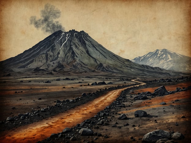Auf dem Bild ist eine vulkanische Landschaft zu sehen. Im Vordergrund führt ein kurvenreicher, staubiger Weg, umgeben von großen Steinen, zu einem majestätischen Vulkan, der Rauch ausstößt. Der Vulkan ist imposant und wird von schneebedeckten Bergen flankiert. Die Szenerie vermittelt eine raue, abenteuerliche Atmosphäre, die perfekt für eine Vorbereitung auf ein Vulkanabenteuer geeignet ist. Hier könnten spannende Erkundungen und Forschungsreisen stattfinden, während die Natur ihre kraftvollen Elemente zeigt.
