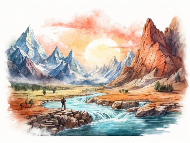 Auf dem Bild ist eine malerische Landschaft zu sehen, die durch hohe Berge, einen klaren Fluss und eine beeindruckende Sonnenuntergangsstimmung geprägt ist.**Besondere Attraktionen und Erlebnisse:**1. **Wandermöglichkeiten**: Die Berge bieten zahlreiche Wanderwege für Naturliebhaber und Abenteuerlustige, ideal für unvergessliche Erlebnisse in der freien Natur.2. **Fotografie**: Der beeindruckende Sonnenuntergang und die malerische Umgebung sind perfekte Motive für Fotografen, die die Schönheit der Natur einfangen möchten.3. **Naturbeobachtungen**: Die Vielfalt an Flora und Fauna entlang des Flusses und in den Bergen lädt zur Beobachtung und Erkundung ein.4. **Aktivitäten am Wasser**: Der Fluss bietet Möglichkeiten zum Angeln, Kanufahren oder einfach zum Entspannen in der Nähe des Wassers.5. **Landschaftliche Schönheit**: Die Kontraste zwischen den majestätischen Bergen und dem ruhigen Wasser schaffen eine atemberaubende Kulisse, die sowohl Erholung als auch Inspiration bietet.Diese Elemente machen den Ort zu einem idealen Ziel für Outdoor-Enthusiasten und Naturliebhaber.