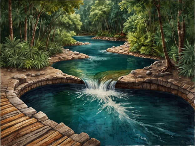 Auf dem Bild ist eine malerische Landschaft mit klarem, türkisfarbenem Wasser und umgebender üppiger Vegetation zu sehen, was an die atemberaubenden natürlichen Pools von Semuc Champey in Guatemala erinnert.In Semuc Champey kann man verschiedene Aktivitäten erleben, wie etwa Wandern durch den Dschungel, um die natürlichen Wasserfälle und Becken zu erreichen. Viele Besucher genießen das Schwimmen in den klaren Pools, die durch kaskadierende Wasserfälle entstehen. Zudem gibt es die Möglichkeit, abenteuerliche Touren durch die Höhlen zu unternehmen, wo man mit einem Schwimmreifen durch unterirdische Gewässer gleitet. Auch die Erkundung der umliegenden Landschaft und das Entspannen in der Natur sind beliebte Aktivitäten.