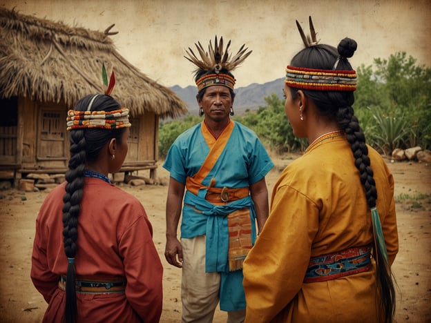 Auf dem Bild sind drei Menschen zu sehen, die traditionelle Bekleidung tragen, die möglicherweise zu einer indigenen Kultur gehört. Die Kleidung und die Frisuren mit auffälligen Haarschmuck und Farben deuten auf eine tiefe kulturelle Identität und Ritualpraktiken hin.Die Szene könnte in einem ländlichen oder historischen Kontext angesiedelt sein, möglicherweise in einem Dorf, das mit landwirtschaftlichen oder kulturellen Traditionen verbunden ist. Der männliche Protagonist steht im Mittelpunkt und könnte eine Führungs- oder Zeremonienfunktion einnehmen, während die beiden weiblichen Personen möglicherweise Mitglieder seiner Familie oder der Gemeinschaft sind.Kulturell gesehen könnte dieser Besuch wichtige Aspekte der Kommunikation, Traditionen und sozialen Strukturen widerspiegeln. Die Art und Weise, wie Menschen in indigenen Gemeinschaften interagieren, ist oft geprägt von Respekt und Hierarchie. Solche Treffen könnten auch zur Bewahrung von Geschichten, Bräuchen und der Weitergabe von Wissen an die nächste Generation dienen.