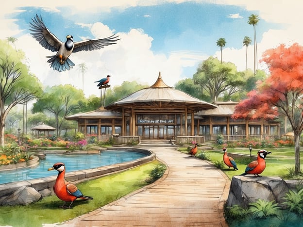Auf dem Bild ist eine malerische Landschaft zu sehen, die an den Weltvogelpark Walsrode erinnert. Im Vordergrund befinden sich bunte Vögel, die auf einem gepflasterten Weg stehen, der zu einem modernen Gebäude führt. Das Gebäude hat ein asiatisch inspiriertes Dach und könnte ein Teil des Vogelparks sein, der für seine Vielfalt an Vogelarten bekannt ist.Der Weltvogelpark Walsrode ist der größte Vogelpark der Welt und bietet seinen Besuchern die Möglichkeit, über 4.000 Vögel aus mehr als 650 Arten zu sehen. Die Anlage ist nicht nur Heimat vieler seltener und exotischer Vögel, sondern bietet auch ein beeindruckendes Konzept der Artenvielfalt und des Naturschutzes.Die Umgebung im Bild mit den blühenden Pflanzen und dem Wasserlauf spiegelt die wunderschöne Gartenlandschaft wider, die Besuchern des Parks eine entspannende Atmosphäre bietet. Die Gestaltung und Farben vermitteln ein Gefühl der Harmonie mit der Natur, das im Weltvogelpark Walsrode spürbar ist.