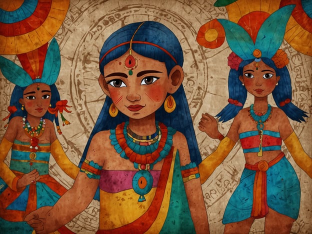 Auf dem Bild sind drei Frauen dargestellt, die traditionelle Kleidung und Schmuck tragen, die an die Maya-Kultur erinnern. In Iximché, einer bedeutenden archäologischen Stätte der Maya in Guatemala, spielten Rituale eine zentrale Rolle im gesellschaftlichen Leben.Die Maya führten vielfältige Zeremonien durch, um ihre Götter zu verehren, Ernteprozesse zu feiern oder den Wechsel der Jahreszeiten zu markieren. Kleidung und Schmuck hatten dabei oft symbolische Bedeutungen. Die Farben und Muster könnten Hinweise auf bestimmte Gottheiten oder den sozialen Status der Trägerinnen sein.In Iximché fanden auch rituelle Tänze statt, die oft von Musik begleitet wurden. Die Tänze dienten dazu, die Gemeinschaft zu stärken und kulturelle Traditionen lebendig zu halten. Diese Darstellungen auf dem Bild könnten also Teil eines solchen rituellen Kontextes sein, in dem die Frauen eine aktive Rolle spielten.