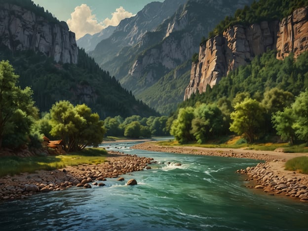 Auf dem Bild ist eine malerische Landschaft zu sehen, die von einem klaren, ruhig fließenden Fluss durchzogen wird. Der Fluss schlängelt sich durch eine grüne, hügelige Umgebung, umgeben von hohen Bergen und beeindruckenden Felsen. Entlang des Ufers gibt es zahlreiche kleine Steine und Bäume, die ein einladendes und friedliches Ambiente schaffen.Erlebnisreiche Stopps entlang des Flusses könnten verschiedene malerische Plätze sein, an denen man die Natur genießen, picknicken oder einfach entspannen kann. Vielleicht gibt es auch Gelegenheit zum Angeln oder zu kleinen Wanderungen, um die atemberaubende Aussicht auf die Berge zu erleben. Solch eine Umgebung lädt ein, unvergessliche Erinnerungen in der Natur zu schaffen.