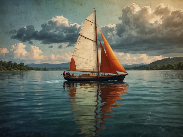 Auf dem Bild ist ein Segelboot zu sehen, das auf einem ruhigen Gewässer segelt. Die Segel sind orange und wehen sanft im Wind. Im Hintergrund erkennt man eine schöne Landschaft mit Bergen und Wolken. Dies vermittelt ein Gefühl von Freiheit und Abenteuer.Auf dem Wasser: Sicherheit und Spaß.