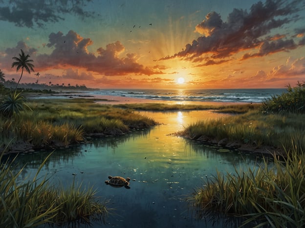 Auf dem Bild ist eine idyllische Landschaft zu sehen, die die Schönheit der Natur rund um Monterrico widerspiegelt. Der Sonnenuntergang taucht die Szenerie in warmes Licht, während das Wasser ruhig in einem schmalen Kanal fließt, der von üppigen Gras- und Pflanzenflächen gesäumt ist.Im Vordergrund schwimmt eine Schildkröte, die typisch für die Küstenregionen von Monterrico ist, bekannt für ihre Schildkrötennester. Die Umgebung bietet außerdem Lebensraum für zahlreiche Vogelarten, die in den Himmel aufsteigen und die Küste dekorieren. Die Vegetation, die Palmen und Gräser umfasst, unterstützt diese reiche Tierwelt. Diese harmonische Verbindung von Wasser, Erde und Tierwelt vermittelt ein Gefühl von Ruhe und natürlicher Schönheit.