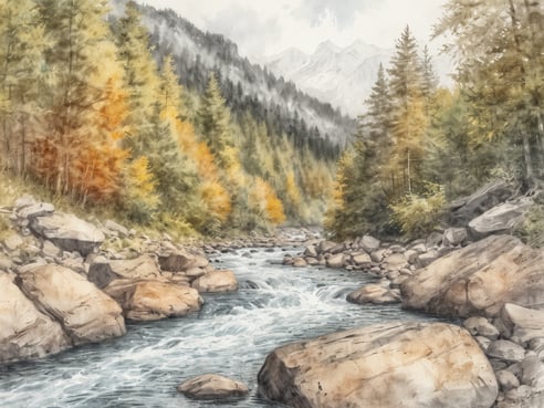 Eine malerische Flusslandschaft mit dem Hallingdalselva, umgeben von üppigen grünen und goldenen Bäumen, die die Jahreszeiten widerspiegeln. Der Fluss fließt sanft zwischen großen, glatten Steinen hindurch, während im Hintergrund majestätische Berge in die Höhe ragen. Der Himmel ist leicht bewölkt und vermittelt eine ruhige, friedliche Atmosphäre, ideal für Wildwasser-Rafting und Angelausflüge im Hallingdal.
