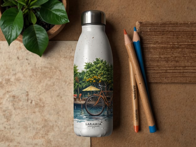 Auf dem Bild ist eine stylische Wasserflasche zu sehen, die mit einem bunten, illustrativen Design verziert ist. Das Design zeigt eine ruhige Szene mit einem Fahrrad, einer Sitzecke am Wasser und üppiger Vegetation – wahrscheinlich inspiriert von einem tropischen Ort wie Monterrico.### Tipps für deinen Besuch in Monterrico:1. **Strände genießen**: Die Strände von Monterrico sind bekannt für ihren schwarzen Sand und die starken Wellen. Achte auf die Sicherheitsanweisungen beim Schwimmen.2. **Schildkröten Schutzprojekt**: Besuche ein Schildkrötenauffangzentrum, um mehr über den Schutz dieser Tiere zu lernen und vielleicht sogar bei der Freilassung von Schildkröten zu helfen.3. **Bootstouren**: Mache eine Bootstour durch die Mangroven, um die lokale Tierwelt zu beobachten. Halte Ausschau nach Vögeln, Krokodilen und anderen Tieren.4. **Lokale Küche**: Probiere die regionale Küche. Besonders die Meeresfrüchte sind frisch und köstlich.5. **Natur erkunden**: Der nahegelegene Nationalpark Tortugero bietet tolle Möglichkeiten für Wanderungen und zur Beobachtung der Flora und Fauna.Genieße deinen Aufenthalt in Monterrico!