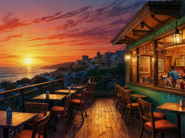 Auf dem Bild ist eine malerische Terrasse eines Restaurants zu sehen, die mit Blick auf einen wunderschönen Sonnenuntergang über dem Meer und der Küste gestaltet ist. Die warmen Farben des Himmels und das sanfte Licht verleihen der Szene eine gemütliche und einladende Atmosphäre.Besucher berichten oft von den spektakulären Sonnenuntergängen, die man von dieser Terrasse aus genießen kann. Es ist ein beliebter Ort, um den Tag mit einem köstlichen Essen und einem Glas Wein ausklingen zu lassen.Lokale Tipps empfehlen, sich frühzeitig einen Platz zu sichern, besonders zur Sonnenuntergangszeit, da dieser Anblick sehr gefragt ist. Viele Gäste schwärmen von den frischen, regionalen Gerichten, die in diesem Restaurant serviert werden – besonders von den Meeresfrüchten.Ein weiterer Ratschlag ist, den Abend mit einem typischen Getränk der Region ausklingen zu lassen, während man die faszinierende Aussicht genießt.