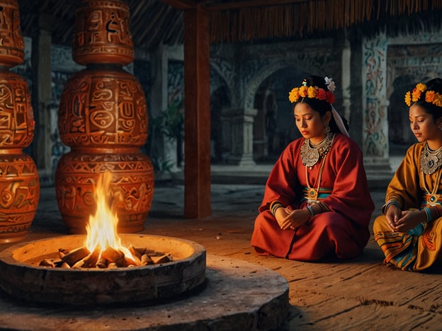 Auf dem Bild sind zwei Frauen in traditioneller Kleidung zu sehen, die gemeinsam um ein Feuer versammelt sitzen. Der Raum ist mit kunstvoll verzierten Gefäßen geschmückt, die typischen Elementen der Maya-Kultur ähneln. Die Frauen haben Blumen in ihren Haaren und tragen große Schmuckstücke, was auf eine wichtige kulturelle Zeremonie oder Feier hinweisen könnte.In einem Maya-Dorf könnten solche Szenen oft Teil von kulturellen Erlebnissen sein, wie beispielsweise religiösen Ritualen, Festen oder Gemeinschaftsversammlungen. Feuer spielt eine zentrale Rolle in vielen Maya-Traditionen, da es nicht nur Licht spendet, sondern auch als heilig angesehen wird und oft symbolisch für das Leben und die Kontinuität steht. Die Kleidung und Schmuck der Frauen könnten zudem den Reichtum und die Tradition enger Spuren der Region widerspiegeln.