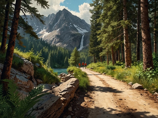 Auf dem Bild ist eine malerische Landschaft mit einem Wanderweg zu sehen, der durch einen dichten Wald führt. Im Hintergrund erheben sich majestätische Berge, und ein Wasserfall ist sichtbar. Diese Umgebung eignet sich hervorragend für verschiedene Aktivitäten für Entdecker und Naturfreunde. Hier einige Vorschläge:1. **Wandern**: Der Pfad lädt dazu ein, die Natur zu erkunden und die atemberaubenden Ausblicke zu genießen.2. **Naturbeobachtungen**: Die Vielfalt der Pflanzen und die Tierwelt können während eines Spaziergangs entdeckt werden.3. **Fotografie**: Die schöne Landschaft bietet ideale Motive für Naturfotografen.4. **Picknicks**: Das Ufer des Gewässers könnte ein perfekter Ort für eine entspannende Auszeit in der Natur sein.5. **Klettern**: An den Felsen im Hintergrund könnten geübte Kletterer ihre Fähigkeiten testen.Diese Aktivitäten ermöglichen es, die Schönheit der Natur in vollen Zügen zu genießen!