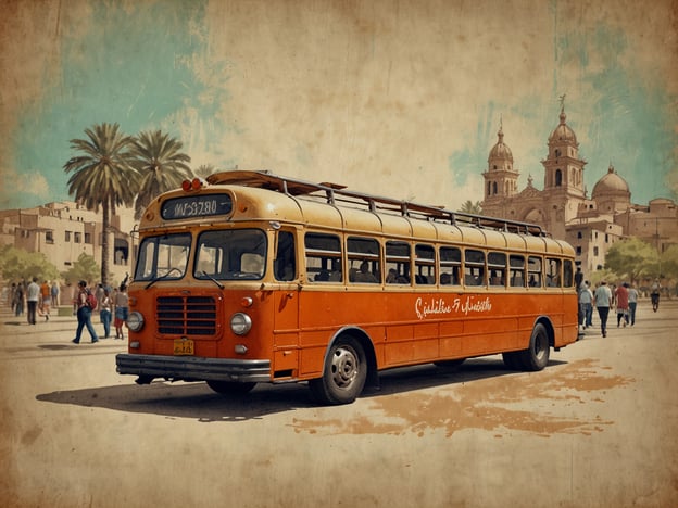 Auf dem Bild ist ein charakteristischer, orangefarbener Bus zu sehen, der auf einem lebhaften Platz steht. Im Hintergrund sind Palmen und eine historische Architektur sichtbar, die auf eine traditionelle Stadt hinweisen könnte. Der Bus erinnert an eine vergangene Ära und könnte ein Symbol für Mobilität und Begegnung in der Stadt sein.Solche Busse sind oft Teil des kulturellen Erbes, da sie Menschen aus verschiedenen Stadtteilen miteinander verbinden und somit sozialen Austausch fördern. Der Platz, auf dem der Bus steht, scheint ein Ort des Zusammentreffens zu sein, wo sich Menschen versammeln, um zu plaudern, zu flanieren und das Stadtleben zu genießen. Dieses Bild spiegelt nicht nur die Verkehrsmittel der Vergangenheit wider, sondern auch die gesellschaftlichen Begegnungen, die an solchen Orten stattfinden.