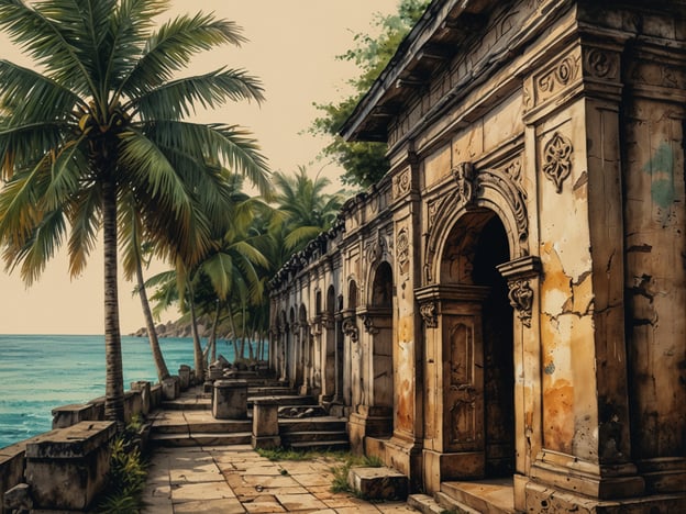 Auf dem Bild sind verwitterte, historische Gebäude am Ufer eines Meeres zu sehen, umgeben von Palmen. Diese Architektur könnte an die koloniale Vergangenheit von Antigua und Barbuda erinnern, die stark von der britischen Herrschaft und dem Zuckerrohrbau geprägt war.Antigua wurde im 17. Jahrhundert von den Briten besiedelt und diente als wichtiges Zentrum für den Zuckerhandel. Die Ruinen könnten Überreste von Plantagen oder anderen kolonialen Strukturen sein, die die Zeit und die Geschichte der Insel widerspiegeln. Die Kombination aus tropischer Landschaft und alter Architektur weist auf die kulturellen Einflüsse und den historischen Reichtum der Region hin.