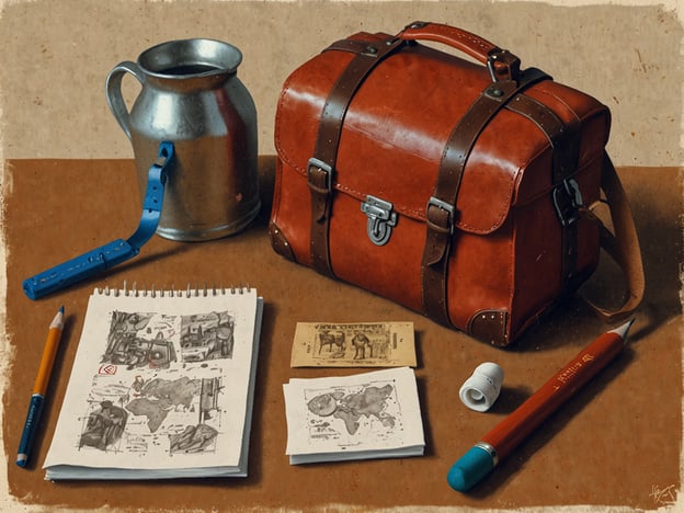 Auf dem Bild ist eine Reiseausrüstung zu sehen, die aus einem roten Lederrucksack, einer Metallkanne, einem Notizbuch, Stiften und einigen kleinen Notizen besteht.### Tipps für den Besuch:1. **Vorbereitung**: Überlegen Sie, was Sie entdecken möchten, und notieren Sie sich Ihre Fragen.2. **Zeit nehmen**: Genießen Sie die Details der Objekte – manchmal steckt die Geschichte in den kleinen Dingen.3. **Interaktive Elemente nutzen**: Falls verfügbar, nutzen Sie interaktive Stationen, um mehr zu erfahren.4. **Fotografieren**: Halten Sie Erinnerungen fest, aber respektieren Sie die Richtlinien des Ortes bezüglich Fotografie.5. **Mit anderen teilen**: Diskutieren Sie mit Freunden oder Familie über Ihre Eindrücke und Erfahrungen.