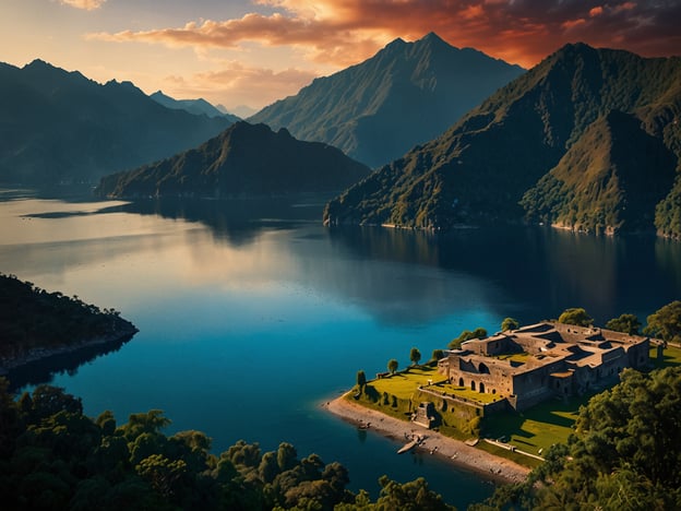 Auf dem Bild ist eine beeindruckende Landschaft zu sehen, die von majestätischen Bergen umgeben ist. In der Mitte des Bildes befindet sich eine alte Ruine oder Festung, die an einem Ufer liegt und von üppigem Grün umgeben ist. Der ruhige Wasserbereich spiegelt die Umgebung wider und schafft eine friedliche Atmosphäre.Die warmen Farben des Sonnenuntergangs verleihen der Szene zusätzlichen Charme und romantische Stimmung. Diese Gegend könnte zahlreiche Aktivitäten für Naturliebhaber bieten, wie Wandern in den Bergen, Bootsfahrten auf dem Wasser oder Erkundungstouren durch die Natur. außerdem bietet die historische Ruine potenzielle Möglichkeiten für Geschichtsinteressierte, mehr über die Vergangenheit und die Architektur der Region zu erfahren.
