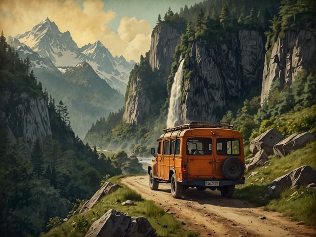Auf dem Bild ist ein orangefarbener Geländewagen zu sehen, der auf einer unbefestigten Straße in einer malerischen Berglandschaft fährt. Hoch aufragende Berge sind im Hintergrund zu erkennen, umgeben von üppigem Grün und Wäldern. In der Nähe fließt ein Wasserfall, der die Umgebung zusätzlich belebt.Für Backpacker bietet diese Szene viele Abenteuer und Aktivitäten:1. **Wanderungen**: Die beeindruckende Umgebung lädt zu langen Wanderungen und Trekkingtouren ein. Es gibt zahlreiche Trails, die durch die Wälder und entlang der Bergrücken führen.2. **Zeltlager**: In dieser abgelegenen Gegend könnten Backpacker einen Zeltplatz aufschlagen, um die Nacht unter dem Sternenhimmel zu verbringen und den Klang des Wasserfalls zu genießen.3. **Naturerkundung**: Die vielfältige Flora und Fauna bietet großartige Möglichkeiten zur Beobachtung von Tieren und Pflanzen.4. **Fotografie**: Die atemberaubenden Landschaften sind perfekt für Fotografien, die Erinnerungen an das Abenteuer festhalten.5. **Klettereien**: Die steilen Felsen bieten Herausforderungen für Kletterer, die auf der Suche nach einem aufregenden Erlebnis sind.Diese Landschaft ist ideal für Naturliebhaber und Abenteurer, die die Schönheit der Natur in vollen Zügen genießen möchten.