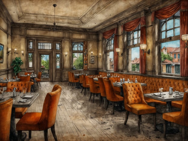 Auf dem Bild ist ein elegantes Restaurant zu sehen. Der Raum ist geschmackvoll eingerichtet mit bequemen, orangefarbenen Stühlen und Tischen, die für ein angenehmes Ambiente sorgen. Große Fenster lassen viel Licht herein und bieten einen Blick auf die Umgebung. Die Atmosphäre scheint sowohl für besondere Anlässe als auch für alltägliche Mahlzeiten geeignet zu sein.Für Verpflegung und Unterkunft für jeden Geldbeutel könnte dieses Restaurant verschiedene Optionen anbieten, zum Beispiel:- **Günstige Optionen**: Mittagsmenüs oder spezielle Angebote, die für alle zugänglich sind, sowie ein gemütlicher Café-Bereich mit Snacks und Getränken.- **Mittlere Preislage**: À-la-carte-Gerichte für ein schmackhaftes Abendessen und eine umfangreiche Getränkekarte.- **Hochpreisige Optionen**: Exklusive Menüs mit Gourmetküche und besonderen Weinen, die ein luxuriöses Erlebnis bieten.Die Kombination aus stilvollem Ambiente und vielfältigen Angeboten macht es zu einem idealen Ort für verschiedene Anlässe.
