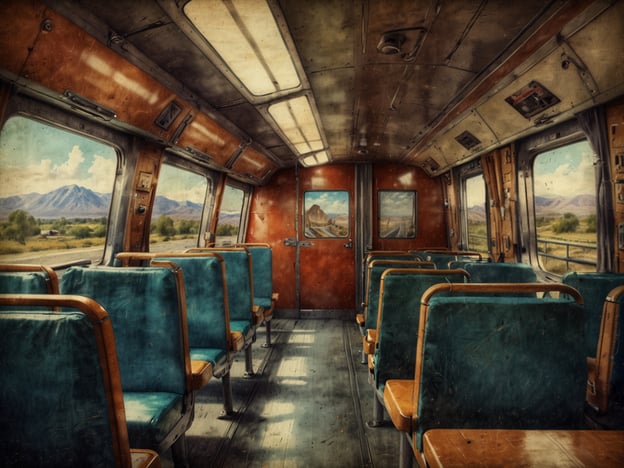 Auf dem Bild ist das Innere eines Zuges zu sehen. Die Sitze sind in einem vintage Stil gehalten und bieten eine gemütliche Atmosphäre. Durch die Fenster kann man eine schöne Landschaft mit Bergen und einer grünen Umgebung sehen.Die Anreise mit dem Zug ermöglicht eine entspannte und malerische Erreichbarkeit von verschiedenen Zielen, ideal für Reisende, die die Natur genießen möchten. Zudem bietet die Zugfahrt eine effiziente Möglichkeit, bequem zu reisen, ohne den Verkehr auf den Straßen zu belasten.