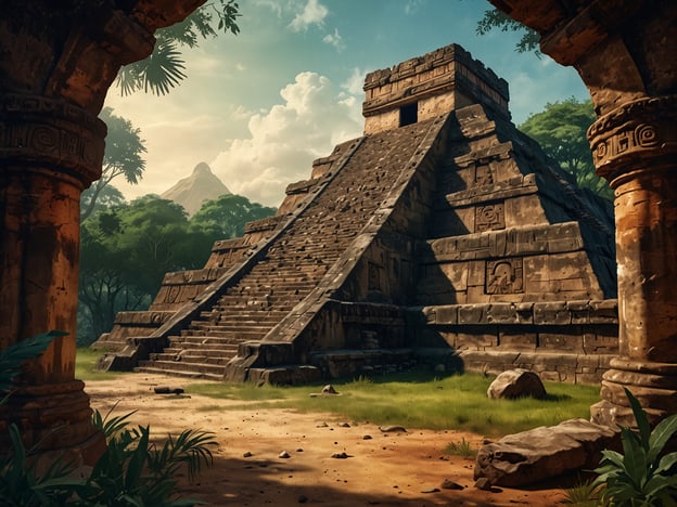 Auf dem Bild ist eine beeindruckende Pyramide zu sehen, die typischerweise mit der Architektur der Maya, insbesondere von Orten wie Uaxactún, assoziiert wird. Uaxactún ist bekannt für seine gut erhaltenen Ruinen und monumentalen Bauten, die bedeutende religiöse und astronomische Funktionen hatten.Die Pyramide im Bild könnte aus der Maya-Zeit stammen und zeigt die charakteristischen Stufen sowie gediegene Steinmetzarbeiten, die für die Architektur dieser Kultur typisch sind. Umgeben von üppiger Vegetation vermittelt das Bild ein Gefühl von Mystik und der Verbindung zur Natur, die für viele antike Maya-Stätten entscheidend war.