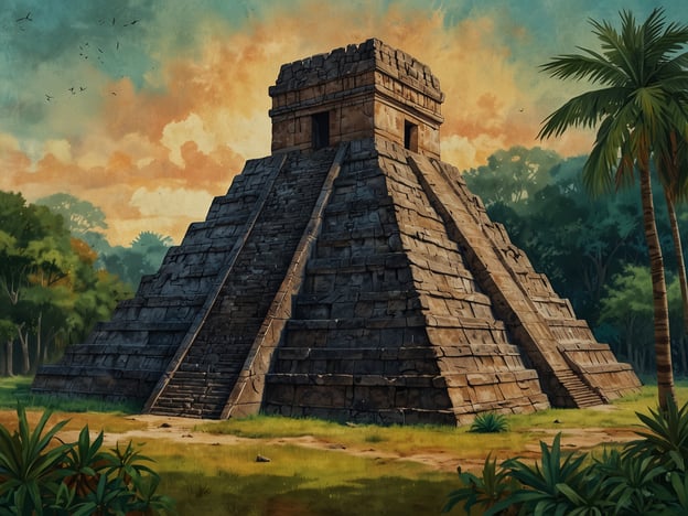Auf dem Bild ist eine beeindruckende pyramidenartige Struktur zu sehen, die stark an die architektonischen Meisterwerke der Maya-Kultur erinnert. Diese Pyramiden waren oft Tempel, die sowohl religiösen als auch kulturellen Zwecken dienten. Sie sind charakteristisch für die Mesoamerikanische Landschaft und verkörpern die tief verwurzelten Glaubenssysteme der Maya, die Astronomie, Landwirtschaft und Architektur in einer einzigartigen Weise miteinander verbanden.Die üppige Vegetation im Hintergrund und der stimmungsvolle Himmel verleihen dem Bild eine atmosphärische Tiefe, die die Faszination für die alte Zivilisation und ihre monumentalen Bauwerke weiter verstärkt.