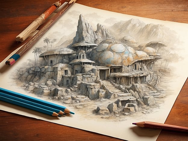 Auf dem Bild ist eine fantasievolle Zeichnung einer architektonischen Landschaft zu sehen. Die Illustration zeigt Hügel und bizarre Gebäude, die an Pilzkonstruktionen erinnern, umgeben von Felsen und Pflanzen. Es sieht aus, als ob die Struktur in eine natürliche Umgebung integriert ist. Farbenstifte sind um die Zeichnung herum platziert, was darauf hindeutet, dass es ein Kunstprojekt oder eine Skizze ist. Diese Art von Kunst könnte gut zu einer kreativen Ausstellung wie im Fossilium Bochum passen, das sich mit einzigartigen und fantastischen Darstellungen beschäftigt.
