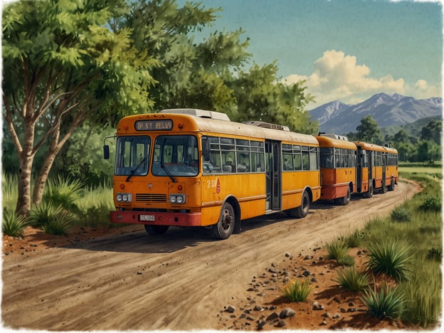 Auf dem Bild sind mehrere gelbe Busse auf einem unbefestigten Weg zu sehen, umgeben von einer natürlichen Landschaft mit Bäumen und Bergen im Hintergrund. Diese Art von öffentlichem Verkehrsmittel kann ein Beispiel für nachhaltige Mobilität sein, da Busse oft eine umweltfreundlichere Alternative zum Individualverkehr darstellen. Sie tragen dazu bei, den CO2-Ausstoß zu reduzieren, wenn sie von vielen Menschen genutzt werden.Durch die Förderung solcher Verkehrsmittel wird die Abhängigkeit von fossilen Brennstoffen verringert, was für den Umweltschutz entscheidend ist. Zudem integriert sich der Bus in die natürliche Umgebung, was auf eine harmonische Beziehung zwischen Mensch und Natur hinweist. Eine sinnvolle Planung und Nutzung öffentlicher Verkehrsmittel ist ein wichtiger Schritt in Richtung einer nachhaltigeren Zukunft.