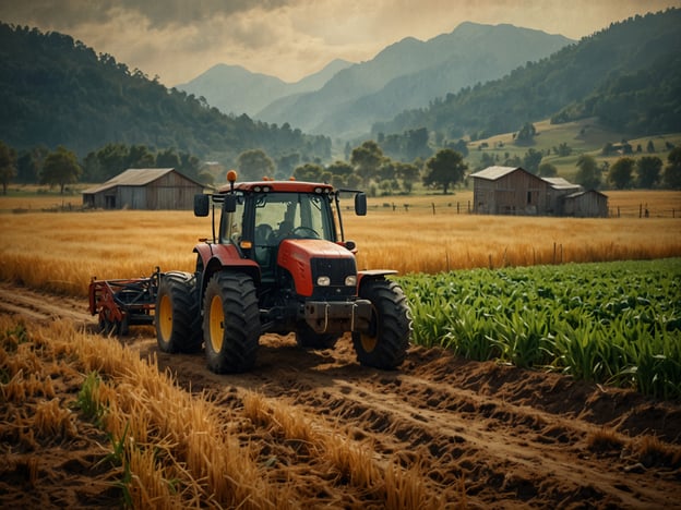 Auf dem Bild ist ein Traktor zu sehen, der auf einem Feld arbeitet, möglicherweise beim Pflügen oder Bearbeiten des Bodens. Im Hintergrund sind einige Scheunen und eine bewaldete Landschaft mit Bergen sichtbar.**Herausforderungen für Landwirte:**1. **Klimawandel:** Unvorhersehbare Wetterbedingungen und extremere klimatische Veränderungen können Ernteerträge beeinträchtigen.2. **Preisschwankungen:** Die Preise für landwirtschaftliche Produkte können stark schwanken, was Planung und finanzielle Stabilität erschwert.3. **Ressourcenmangel:** Der Zugang zu Wasser und anderen Ressourcen wird zunehmend eingeschränkt, insbesondere in trockenen Regionen.**Chancen für Landwirte:**1. **Technologische Innovation:** Fortschritte in der Agrartechnologie, wie präzise Landwirtschaft und Automatisierung, können die Effizienz und Erträge steigern.2. **Nachhaltige Praktiken:** Der Fokus auf ökologische Landwirtschaft und nachhaltige Anbaumethoden kann neue Märkte erschließen und die Umwelt schonen.3. **Direktvermarktung:** Landwirte können über Online-Plattformen direkt an Verbraucher verkaufen, was die Profitabilität und Marktpräsenz erhöht.Diese Aspekte zeigen, dass die Landwirtschaft sowohl große Herausforderungen als auch vielversprechende Chancen bietet.