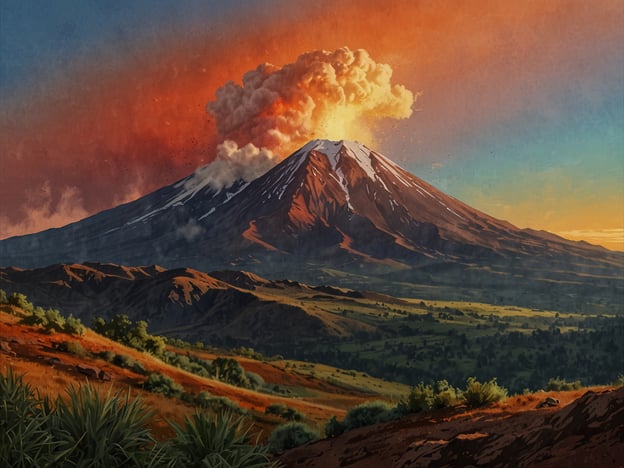 Auf dem Bild ist der Santa Maria Vulkan zu sehen, einer der bekanntesten Vulkane in Guatemala. Er erhebt sich majestätisch mit einer markanten, schneebedeckten Spitze. Der Vulkan ist in der Darstellung dabei, eine Eruption zu zeigen, mit einer beeindruckenden Rauchsäule, die in den Himmel aufsteigt, während der Himmel in warmen Farben erstrahlt.Der Santa Maria Vulkan hat eine lange Geschichte von Ausbrüchen, und sein dramatisches Landschaftsbild ist sowohl für Geologen als auch für Touristen von Interesse. Er ist besonders bekannt für den verheerenden Ausbruch von 1902, der zu einem der mächtigsten Vulkanausbrüche des 20. Jahrhunderts gehörte. Um den Vulkan herum gibt es fruchtbare Landschaften, die von der vulkanischen Aktivität profitieren. Trotz der Gefahren durch Eruptionen ist der Vulkan ein wichtiges Merkmal der Region und zieht viele Besucher an.