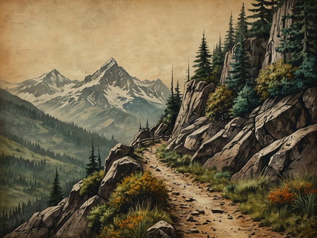 Auf dem Bild ist eine malerische Berglandschaft zu sehen. Ein Wanderweg schlängelt sich durch die Felsen, umgeben von Nadelbäumen und bunten Sträuchern. Im Hintergrund erheben sich majestätische Berge, deren Spitzen mit Schnee bedeckt sind. Die Atmosphäre wirkt ruhig und einladend, ideal für ein Abenteuer in der Natur.**Die Route zum Gipfel: Vorbereitet zum Abenteuer.** Hier könnte man sich auf eine spannende Wanderung vorbereiten, die sowohl Herausforderungen als auch atemberaubende Ausblicke verspricht.