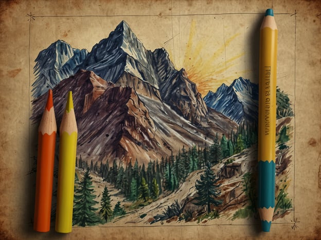 Auf dem Bild ist eine künstlerische Darstellung von Bergen zu sehen, umgeben von Bäumen und mit einer Sonne, die im Hintergrund aufgeht. Neben dem Bild liegen mehrere Buntstifte in verschiedenen Farben.### Sicheres Erlebnis: Tipps für eine gelungene Besteigung1. **Ausrüstung überprüfen**: Stelle sicher, dass du die richtige Ausrüstung hast, einschließlich geeigneter Kleidung, Schuhe und Getränke.2. **Wetterbedingungen beachten**: Informiere dich über die Wettervorhersage, um unerwartete Situationen zu vermeiden.3. **Routenplanung**: Wähle eine geeignete Route für dein Können und sei dir der Dauer und der Schwierigkeit bewusst.4. **Begleitung suchen**: Besteige Berge am besten in Gruppen. Sicherheit in der Zahl!5. **Pausen einplanen**: Gönne dir regelmäßige Pausen, um Energie zu tanken und die Aussicht zu genießen.6. **Notfallplan**: Habe immer einen Plan für Notfälle, einschließlich eines Kommunikationsmittels.7. **Umwelt respektieren**: Halte die Natur sauber und respektiere die Wildtiere.