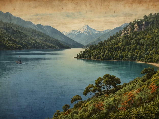 Das Bild zeigt eine malerische Landschaft mit einem See, umgeben von Bergen und dichtem Grün. Das Wasser des Sees ist ruhig und spiegelt die umliegenden Berge wider. In der Ferne sind schneebedeckte Gipfel zu sehen, während im Vordergrund Bäume und farbenfrohe Pflanzen zu erkennen sind.Der Chicabal-See: Ein geologisches Wunder, das für seine atemberaubende Schönheit und die natürliche Vielfalt um ihn herum bekannt ist, könnte eine ähnliche Szenerie darstellen, in der die harmonische Verbindung von Wasser, Boden und Vegetation die Besucher in ihren Bann zieht.