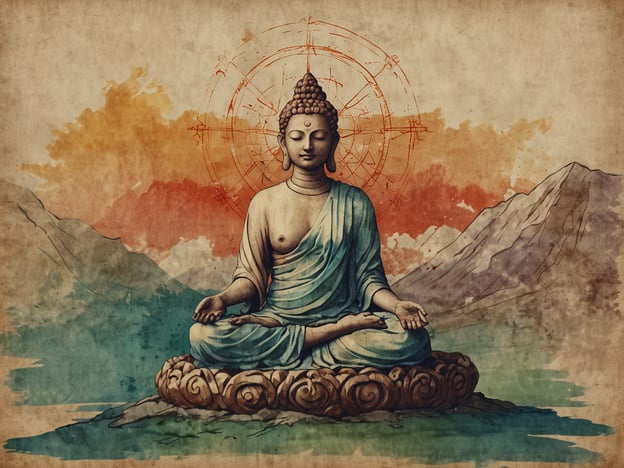 Auf dem Bild ist eine stilisierte Darstellung des Buddha zu sehen, der in Meditationshaltung sitzt. Diese Pose symbolisiert innere Ruhe und Erleuchtung, zentrale Themen in vielen spirituellen Praktiken.Der Hintergrund mit Bergen und sanften Farben vermittelt ein Gefühl von Frieden und Naturverbundenheit, das oft in Retreats für Meditation und Achtsamkeit angestrebt wird. Solche Retreats bieten einen Raum, um sich zurückzuziehen, abzuschalten und zur inneren Balance zu finden. Die Verbindung von Kunst und Spiritualität in diesem Bild ermutigt dazu, die eigenen Gedanken und Emotionen zu erforschen, was ein wesentlicher Aspekt vieler spiritueller Wege ist.