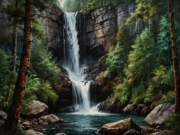 Auf dem Bild ist ein malerischer Wasserfall zu sehen, der aus felsigen Klippen hinabstürzt und in einem klaren, ruhigen Teich landet. Um den Wasserfall herum wachsen üppige Bäume und strahlendes Grün, das die natürliche Schönheit der Umgebung unterstreicht.Hier könnten verschiedene Naturerlebnisse stattfinden:1. **Wanderungen** durch die umliegenden Wälder, um die frische Luft und die tierische Fauna zu genießen.2. **Fotografieren** der beeindruckenden Landschaft, um die Schönheit der Natur festzuhalten.3. **Schwimmen** im klaren Wasser des Teichs, wenn die Temperaturen es zulassen.4. **Picknicken** in der Nähe des Wasserfalls, um die friedliche Umgebung zu genießen.5. **Meditation oder Yoga** im Einklang mit der Natur, um Ruhe und Entspannung zu finden.Solche Aktivitäten fördern die Verbindung zur Natur und bieten eine wunderbare Möglichkeit, die Umgebung zu erleben und zu schätzen.