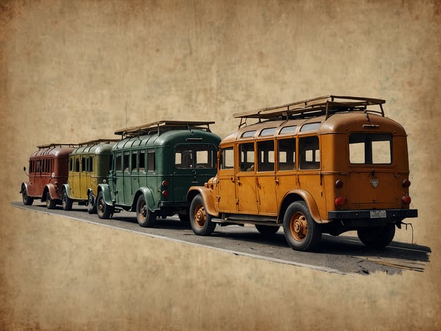 Auf dem Bild sind vier alte, farbige Busse in einer Reihe zu sehen. Die Busse sind in den Farben Rot, Gelb, Grün und Orange lackiert und haben ein nostalgisches Design, das an frühere Jahrzehnte erinnert.**Tipps für deinen Besuch:**1. **Früh kommen:** Wenn du die Busse in natura siehst, komm früh, um die besten Fotos ohne Menschenmenge zu bekommen.2. **Informiere dich über die Geschichte:** Finde mehr über die Geschichte dieser Busse heraus, um den Kontext besser zu verstehen.3. **Ausrüstung**vergessen:** Bringe eine gute Kamera oder dein Smartphone mit, um die einzigartigen Details der Busse festzuhalten.4. **Essen und Trinken:** Plane eine kleine Pause ein, damit du während deines Besuchs erfrischt bleibst.5. **Sicherheitsabstand:** Halte dich an die Sicherheitsvorschriften und respektiere Absperrungen, um die Busse und die Umgebung zu schützen.