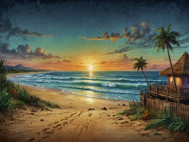 Auf dem Bild sieht man eine malerische Küstenlandschaft, die an das Surferparadies El Paredon erinnert. Besonders hervorzuheben sind die sanften Wellen, die an den Goldstrand rollen, sowie der spektakuläre Sonnenuntergang, der den Himmel in leuchtenden Farben erstrahlen lässt. Die Palmen und das kleine, traditionell gebaute Häuschen am Strand vermitteln ein tropisches Flair, das El Paredon charakterisiert.Dieses Ziel ist bekannt für seine erstklassigen Surfbedingungen, vor allem bei gewissen Wellenhöhen, die Surfer aus der ganzen Welt anziehen. Außerdem gibt es unberührte Strände, die ideal zum Entspannen sind. Die exotische Vegetation und die ruhige Atmosphäre machen El Paredon zu einem perfekten Ort für Naturliebhaber und Wassersportler.