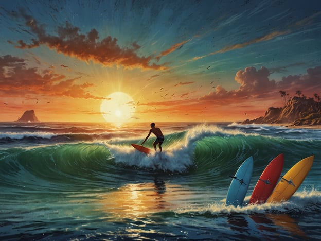 Auf dem Bild sieht man einen Surfer, der in den Wellen reitet, während die Sonne spektakulär am Horizont untergeht. Die Farben des Himmels wechseln von Orange zu Blau, was eine magische Atmosphäre schafft. Im Wasser sind mehrere Surfbretter in verschiedenen Farben zu sehen.Für Surfer bietet diese Szene eine ideale Umgebung, um die Wellen auszureiten und die Freiheit des Surfens zu genießen. Solche Sonnenuntergänge sind oft ein Highlight nach einem langen Tag auf dem Wasser, wenn die Bedingungen perfekt sind. Reisende, die an solchen Orten sind, können die lokale Surfkultur erleben, die Surfkurse besuchen oder einfach die entspannende Atmosphäre am Strand genießen. Das Bild vermittelt das Gefühl von Abenteuer und Freiheit, während man die Schönheit der Natur in vollen Zügen auskosten kann.