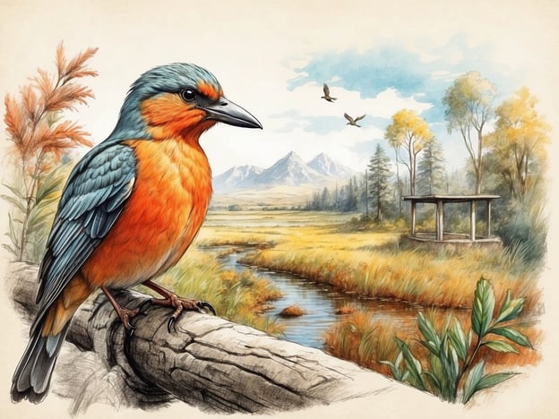 Auf dem Bild ist ein farbenfroher Vogel zu sehen, der auf einem Baumstamm sitzt. Der Vogel hat ein leuchtend orangefarbenes und blaues Gefieder. Im Hintergrund erstreckt sich eine malerische Landschaft mit Bergen, einem Gewässer und Bäumen, was ein ruhiges und harmonisches Ambiente schafft.Das Besuchererlebnis im Vogelgehege könnte durch die Betrachtung solcher prachtvollen Vögel bereichert werden, während die Gäste die natürliche Umgebung genießen. Die Kombination aus der Tierbeobachtung und der schönen Kulisse schafft eine entspannende und faszinierende Atmosphäre für alle, die die Schönheit der Natur erleben möchten.