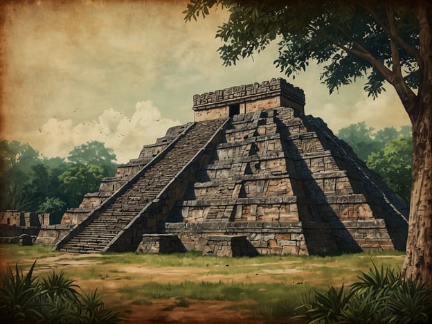 Auf dem Bild ist eine große, pyramidale Struktur zu sehen, die wahrscheinlich eine Tempelpyramide ist, ähnlich den Überresten, die in der antiken Stadt Zaculeu gefunden wurden. Zaculeu war ein Zentrum der Maya-Kultur in Guatemala und ist bekannt für seine beeindruckenden Architektur und starken Verteidigungsanlagen. Die Pyramide könnte als religiöses oder zeremonielles Bauwerk gedient haben, was typisch für die Maya-Kultur war.Die steilen Stufen und die massive Steinstruktur erinnern an die Bauweise der Maya, die oft ihre Tempel auf hohe Plattformen errichteten, um eine bessere Sicht auf die Umgebung zu haben und um bedeutende Rituale abzuhalten. Diese Stätten sind heute wichtige archäologische Fundorte, die viel über die Zivilisation der Maya und ihre beeindruckenden Baukünste verraten.
