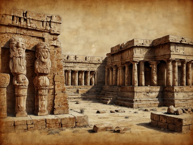 Auf dem Bild sind archäologische Ruinen zu sehen, die möglicherweise Überreste eines alten Tempels oder einer anderen bedeutenden Struktur darstellen. Die detailreiche Darstellung der Säulen und Skulpturen deutet auf eine hochentwickelte Baukunst und Kunstfertigkeit hin, die für die jeweilige Zivilisation charakteristisch ist.Archäologische Funde wie diese sind von großer Bedeutung, da sie Einblicke in das Leben, die Kultur und die religiösen Praktiken vergangener Gesellschaften bieten. Sie helfen Forschern, das soziale und wirtschaftliche Leben der Menschen zu rekonstruiëren und tragen zur Erforschung der Geschichte und der Entwicklung von Zivilisationen bei. Zudem können solche Fundstätten auch touristische Anziehungspunkte sein, die das Bewusstsein für die Geschichte und das kulturelle Erbe fördern.