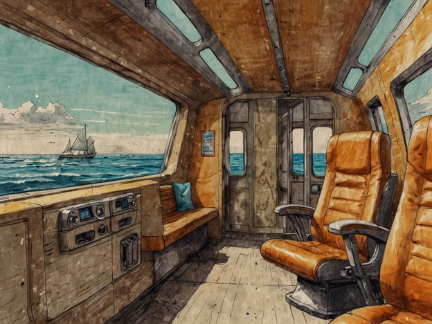 Auf dem Bild sieht man das Innere eines futuristischen Fahrzeugs oder Raumschiffs, das anscheinend für die nautische Erkundung oder den Transport auf dem Wasser konzipiert ist. Die großen Fenster bieten einen atemberaubenden Blick auf das Meer und ein Segelschiff in der Ferne, was auf eine harmonische Verbindung von Technologie und Natur hindeutet.Zukunftsperspektiven in der Forschung könnten sich auf die Entwicklung solcher Fortbewegungsmittel konzentrieren, die sowohl umweltfreundlich als auch effizient sind. Die Integration von erneuerbaren Energiequellen könnte eine wesentliche Rolle spielen, um den ökologischen Fußabdruck bei der Nutzung von Wasserwegen zu minimieren.Zusätzlich könnte die ergonomische Gestaltung des Innenraums auf zukünftige Erkenntnisse in der Ergonomie und Benutzerfreundlichkeit hinweisen. Forschung könnte sich darauf konzentrieren, wie Reisende in solchen Fahrzeugen besser unterstützt werden können, um Komfort und Sicherheit während der Reise zu gewährleisten.Insgesamt könnte das Bild den Fortschritt in der maritimen Technologie repräsentieren und zeigt, wie zukünftige Innovationen sowohl das Reisen als auch den Umgang mit natürlichen Ressourcen nachhaltig gestalten können.