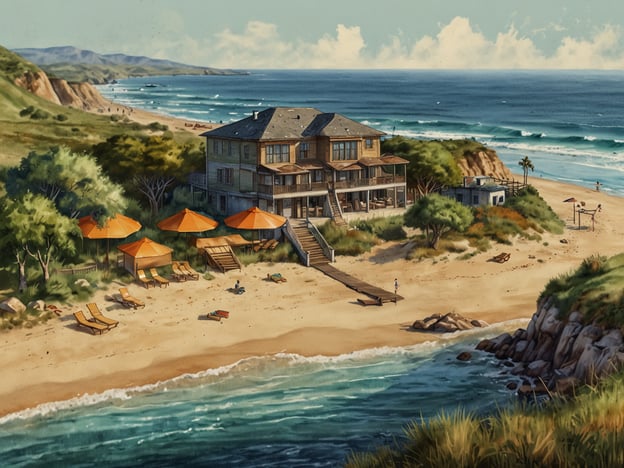 Auf dem Bild ist ein malerisches Strandhaus zu sehen, das direkt am Meer steht. Die Umgebung hat einen schönen Sandstrand mit mehreren Liegestühlen und orangefarbenen Sonnenschirmen. Aufgrund der Lage am Ozean können verschiedene Aktivitäten genossen werden, wie Schwimmen, Sonnenbaden und Strandspaziergänge.In der Nähe könnte es Möglichkeiten zum Surfen oder Boot fahren geben. Auch die Erkundung der Küstenlandschaft durch Wanderungen entlang der Klippen oder im nahegelegenen Naturschutzgebiet wäre reizvoll. Die friedliche Atmosphäre und die atemberaubende Aussicht laden dazu ein, die Natur zu genießen und sich zu entspannen.