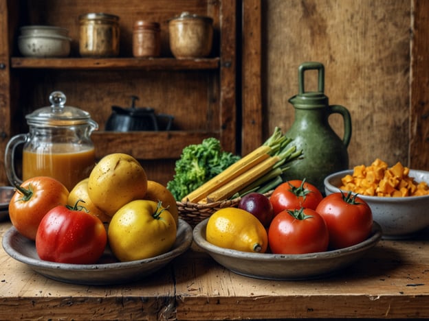 Auf dem Bild sind verschiedene frische Gemüse und Früchte zu sehen, die kulinarische Höhepunkte der Region darstellen könnten. Die bunten Tomaten, darunter rote und gelbe Sorten, sind typisch für viele mediterrane Küchen und werden häufig in Salaten oder Saucen verwendet. Das gelbe Gemüse könnte eine regionale Kürbissorte sein, die für herzhafte Gerichte oder Suppen beliebt ist.Der frische Sellerie und das Blattgemüse deuten auf eine gesunde Ernährung hin und sind oft in traditionellen Rezepten integriert. Zitrusfrüchte wie die gelbe Zitrone bringen nicht nur Geschmack, sondern auch Frische in die Küche und werden häufig für Dressings oder zum Verfeinern von Gerichten verwendet.Die Kombinationsmöglichkeiten aus diesen Zutaten spiegeln die saisonale und regionale Küche wider, die Wert auf frische, qualitativ hochwertige Produkte legt.