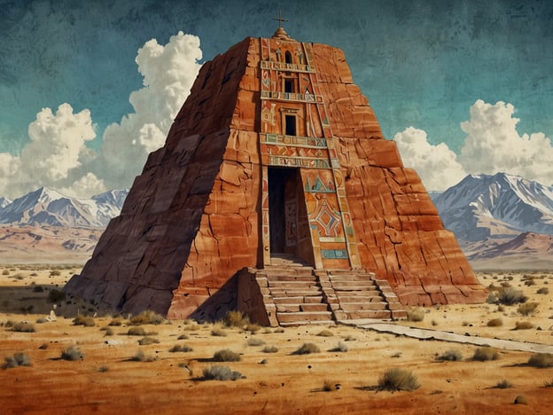 Auf dem Bild ist eine pyramidenartige Struktur oder Tempel zu sehen, der aus roten Felsen erbaut ist. Solche Bauwerke werden oft mit spirituellen Praktiken und alten Zivilisationen in Verbindung gebracht. In vielen Kulturen, wie den Maya und Azteken, symbolisierten Pyramiden den Aufstieg zur höheren Bewusstseinsstufe oder die Verbindung zwischen Himmel und Erde.Die bunten Verzierungen an der Fassade könnten rituelle Bedeutung haben, die Geschichten von Göttern oder Schöpfungsmythen erzählen. Traditionell galten Tempel als Orte der Verehrung, wo Menschen mit dem Göttlichen kommunizieren konnten.Die Umgebung, eine weite Wüstenlandschaft, betont die Isolation und den Fokus auf das Spirituelle, wodurch die Suche nach innerer Erleuchtung und das Verständnis für die Natur und das Universum symbolisiert wird. In spirituellen Traditionen wird oft betont, dass solche Orte der Reflexion und der Mediation dienen, um die Verbindung zu sich selbst und zu höheren Mächten zu stärken.