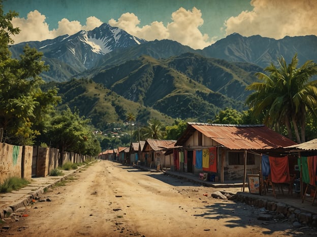 Auf dem Bild ist ein Blick auf San Andrés Itzapa zu sehen. Es zeigt eine ruhige, von Natur umgebene Straße, die von einfachen Häusern gesäumt ist. Die Häuser haben farbige Tücher und die Gebäude wirken schlicht. Im Hintergrund erheben sich majestätische grüne Berge, teils mit Schneebedeckung, unter einem blauen Himmel mit einigen Wolken. Die Landschaft strahlt eine friedliche und ländliche Atmosphäre aus.