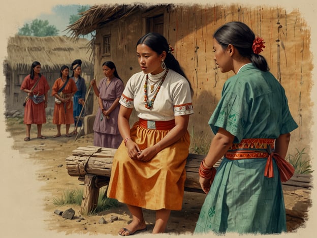 Auf dem Bild sind mehrere Frauen in traditioneller Kleidung der Poqomchi zu sehen. Diese Kleidung ist oft farbenfroh und kann mit handgewebten Muster verziert sein, was die kulturelle Identität widerspiegelt.In der Poqomchi-Kultur spielen Gemeinschaft und Familientraditionen eine wesentliche Rolle. Die dargestellten Frauen könnten sich in einer sozialen Zusammenkunft oder Zeremonie befinden, die für den Austausch und die Stärkung der Gemeinschaft wichtig ist.Traditionell sind Versammlungen oft Orte des Wissensaustauschs, der Feier täglicher Rituale oder der Durchführung kultureller Bräuche, wie das Weben oder die Vorbereitung spezieller Speisen für Feste. Es ist auch typisch, dass ältere Frauen jüngeren beibringen, wie man traditionelle Kleidung herstellt oder kulturelle Praktiken durchführt.Die Präsenz der Blumen in den Haaren könnte das Festhalten an Traditionen und die Bedeutung weiblicher Schönheit im kulturellen Kontext symbolisieren. Insgesamt spiegelt das Bild ein wichtiges Moment des kulturellen Austauschs und der Gemeinschaftsbildung wider.